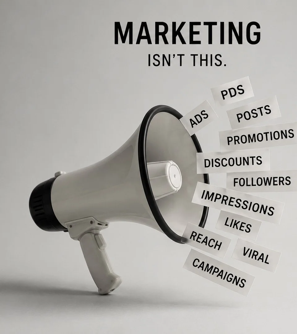 Megaphone with words like ads, posts, likes and reach, under the line Marketing isn’t this
